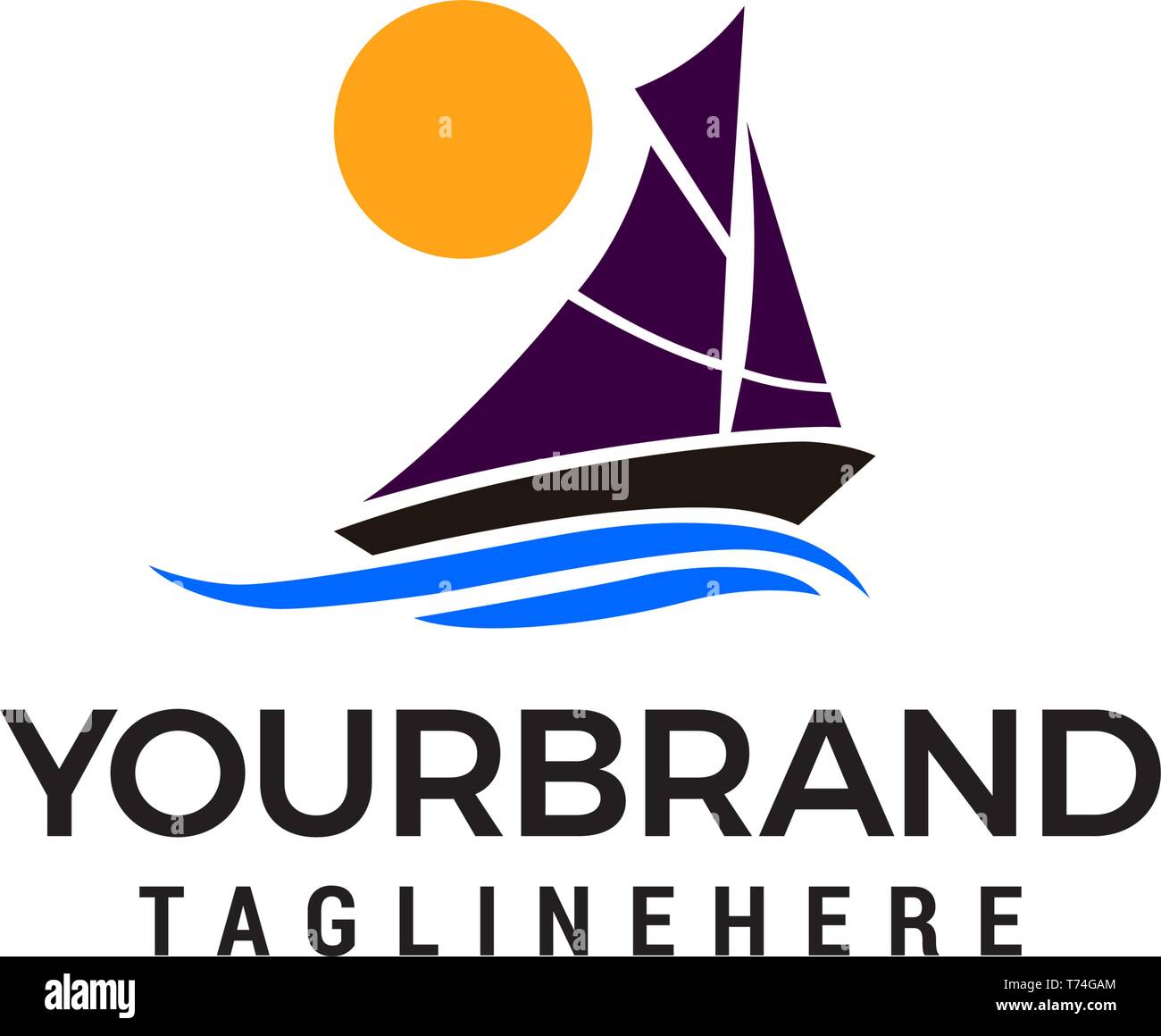 Nave a vela logo sun design concept vettore modello Illustrazione Vettoriale