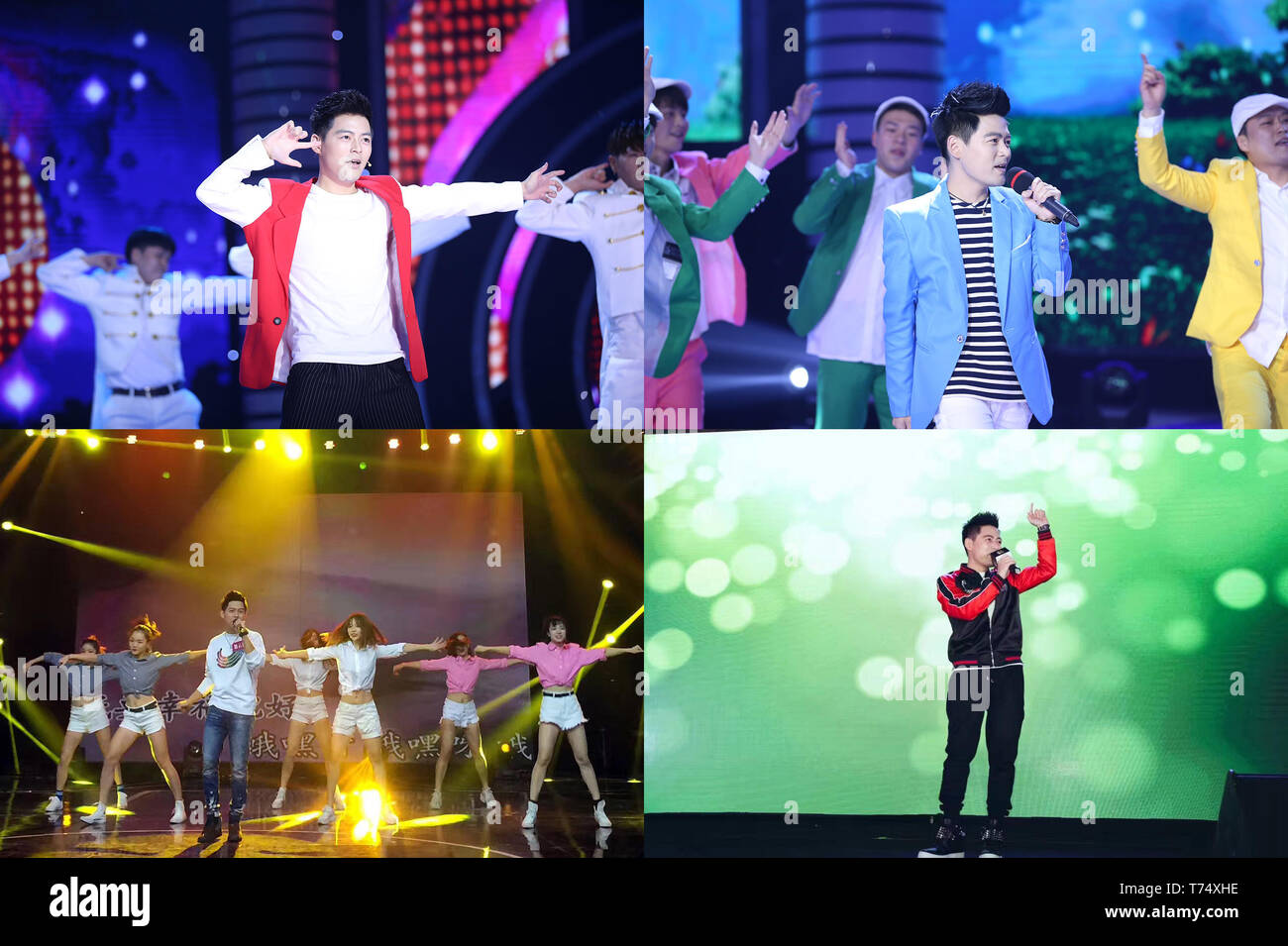(190504) -- YICHANG, 4 maggio 2019 (Xinhua) -- Combo mostra fotografica di Zheng Yunbo la performance sul palco in diversi luoghi della Cina. Zheng Yunbo, 32, ha iniziato la sua carriera come un coltivatore di frutta nella sua casa di città, Zigui County nel 2012 quando ha abbandonato il suo lavoro in una grande città diversi anni dopo la laurea da Wuhan Conservatorio di Musica. Oltre all agricoltura, ha preso i vantaggi della sua specialità per il caricamento di video musicali su reti sociali per promuovere i frutti che egli crebbe su oltre 100 um (circa 6,67 ettari) della locazione di campi. Il video è andato presto viral su Internet e ha vinto lui un sacco di fans e molte stazioni TV inv Foto Stock