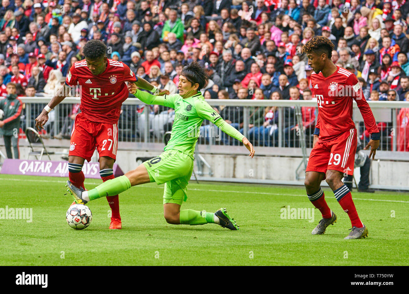 Monaco di Baviera, Germania. 04 Maggio, 2019. Kingsley COMAN, FCB 29 David ALABA, FCB 27 competere per la palla, affrontando, duello, intestazione zweikampf, azione, lotta contro Genki HARAGUCHI, H96 10 FC Bayern Monaco - HANNOVER 96 - DFL REGOLAMENTI VIETANO QUALSIASI USO DI FOTOGRAFIE come sequenze di immagini e/o quasi-VIDEO - 1.della Lega calcio tedesca, Monaco di Baviera, Maggio 04, 2019 stagione 2018/2019, giornata 32, FCB, Hannover, Credito: Peter Schatz/Alamy Live News Foto Stock