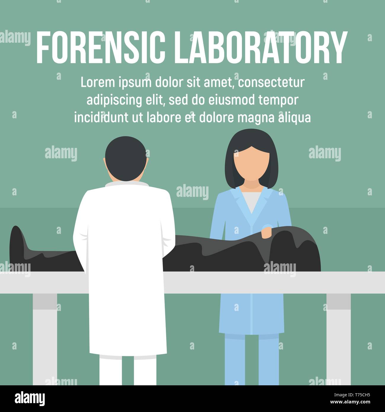 Laboratorio forense uomo morto concetto dello sfondo. Illustrazione piana del laboratorio forense di uomo morto concetto vettoriale sfondo per web design Illustrazione Vettoriale