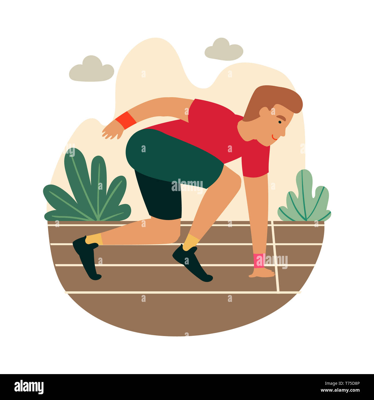 Cartoon sprinter pronto a sprint sulla linea di partenza. Funny guy ottenere pronto per iniziare la maratona. Atleta runner presso lo stadio. Foto Stock
