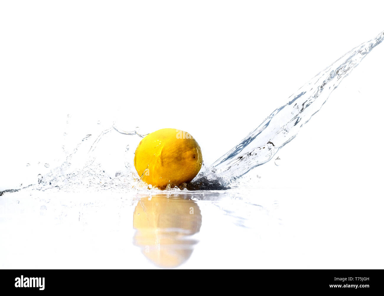 Limone giallo in acqua spruzzare su sfondo bianco Foto Stock