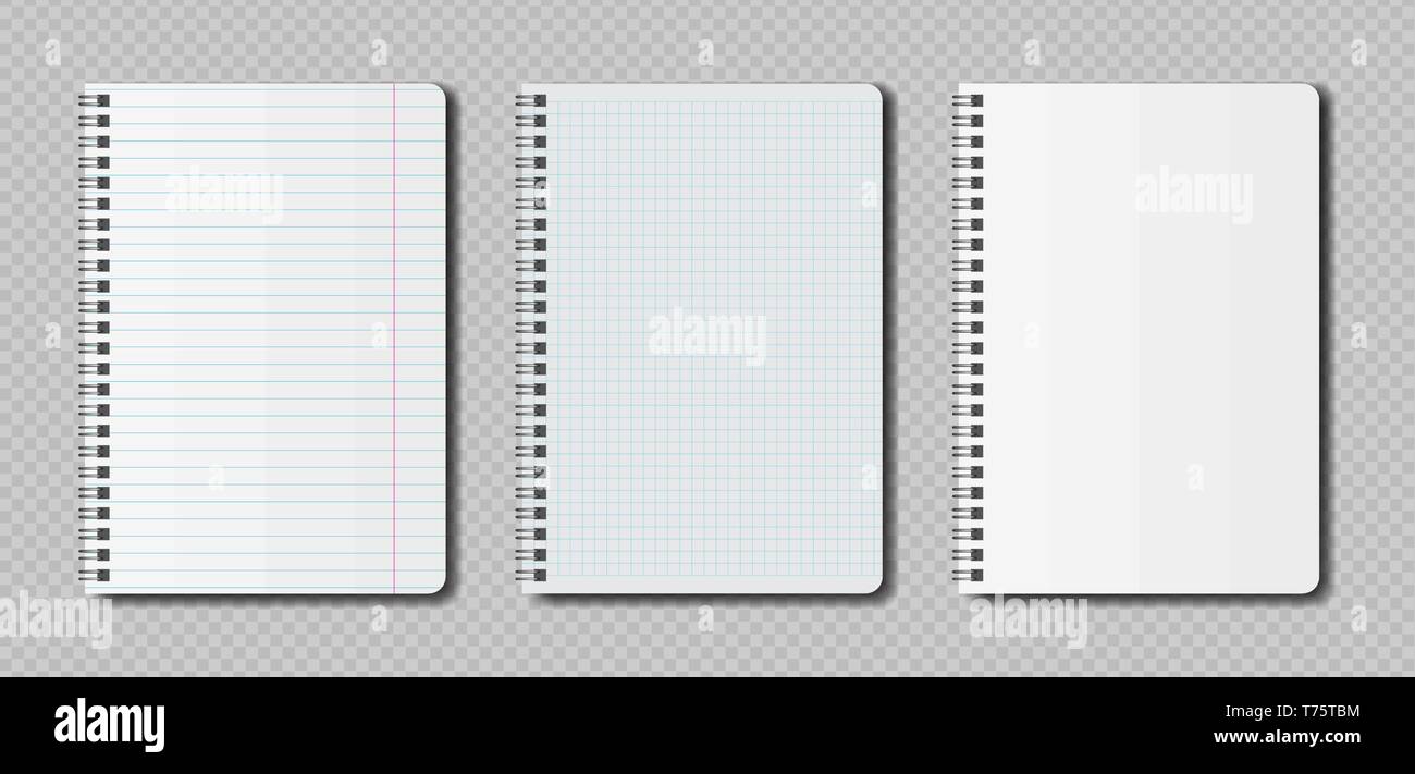 Realistiche le pagine vuote modello di notebook con spirale. Vector mockup notebook con linee per iscritto o schizzi. Illustrazione Vettoriale