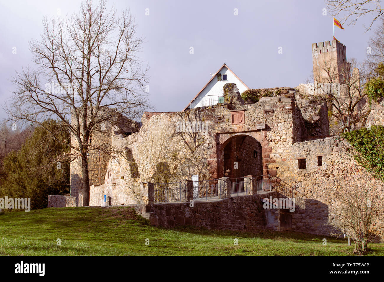 Immettere porta del castello di Rötteln, Burg Rötteln nelle Lörrach. I ruderi del castello medievale, Baden-Württemberg. Antico muro di pietra, castello Tedesco, con torre. Foto Stock