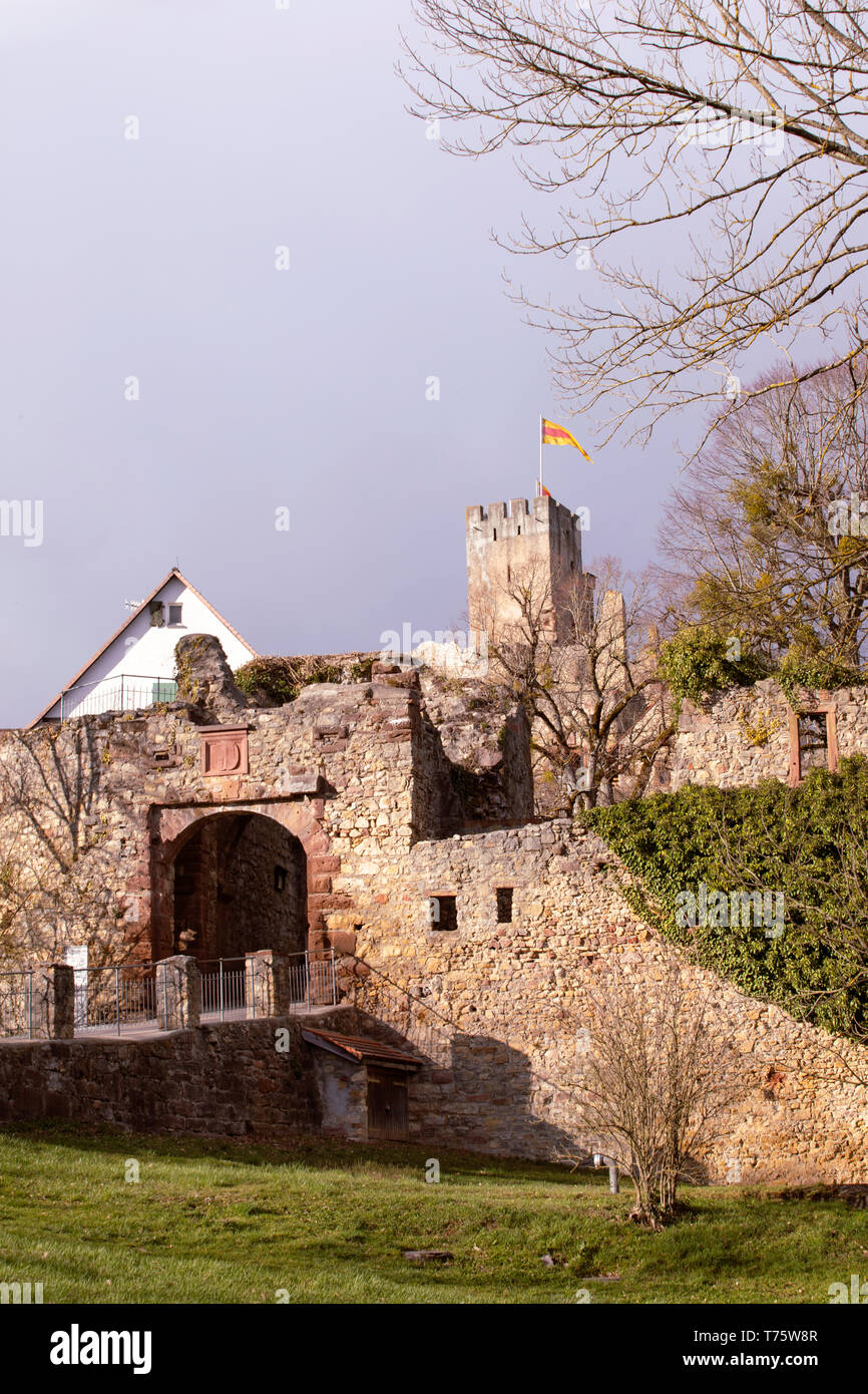 Immettere gate al castello di Rötteln, Burg Rötteln nelle Lörrach. I ruderi del castello medievale, Baden-Württemberg. Muro di pietra e la torre del castello Tedesco. Foto Stock