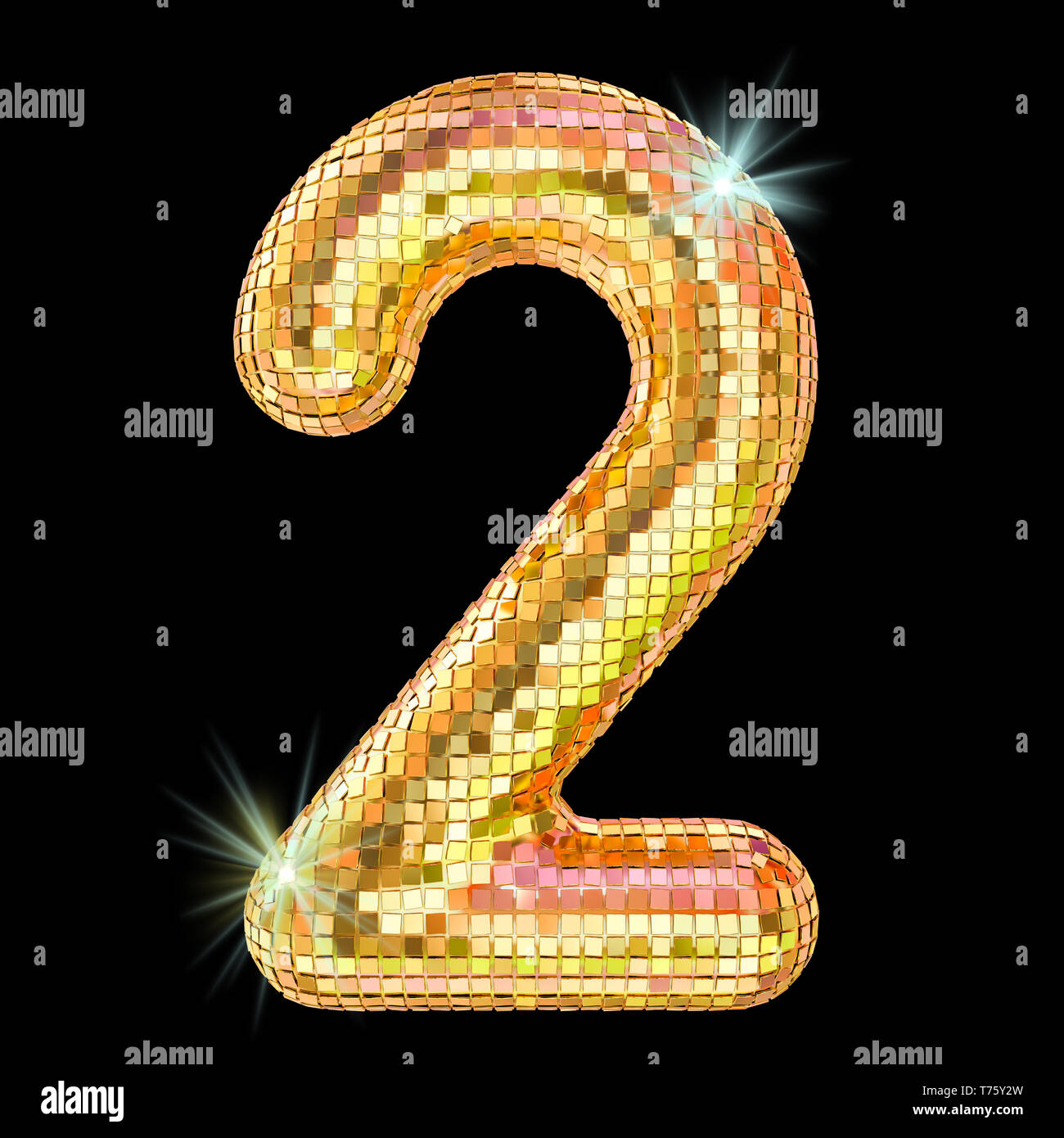 Discoteca font, numero 2 dal golden glitter sfaccettature dello specchio. 3D rendering isolati su sfondo nero Foto Stock