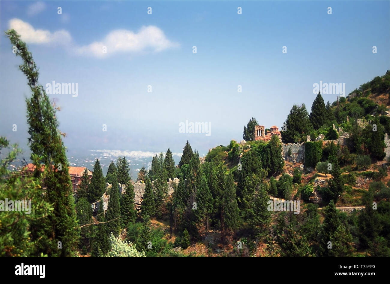 Mystrás, Laconia, Grecia, con la chiesa di Aghia Sofia e sopra il tetto del despota del palazzo al di sotto di Foto Stock