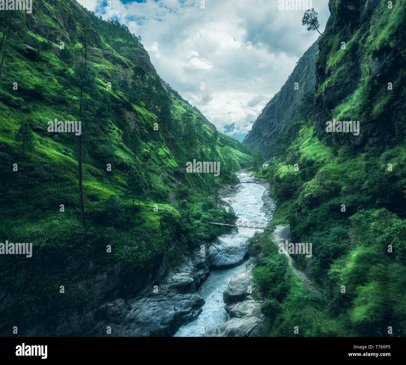 Belle montagne coperte di erba verde. Moody paesaggio con mountain valley, fiume, cascata, prati e foreste, sky con le nuvole in estate a Nepa Foto Stock