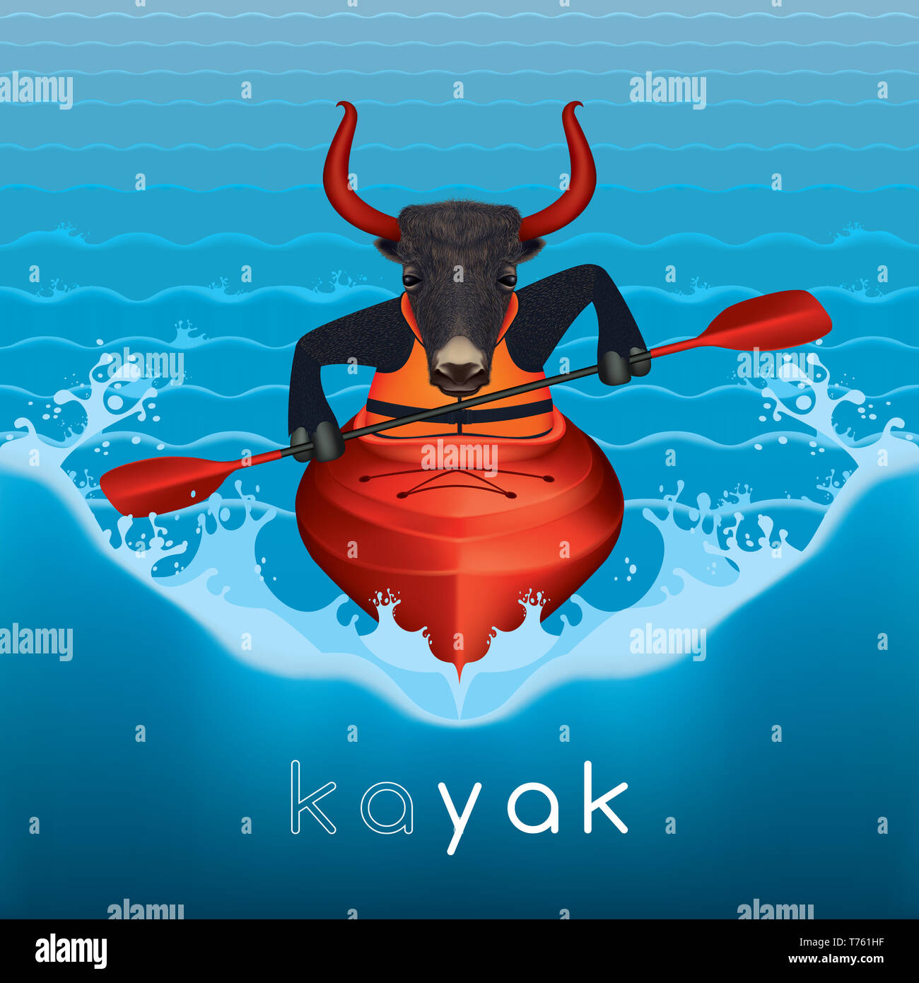 YAK kayak - Sport di acqua - concept ibrido - mnemonico apprendimento educativo inglese Idea - Bambini illustrazione vettoriale Foto Stock