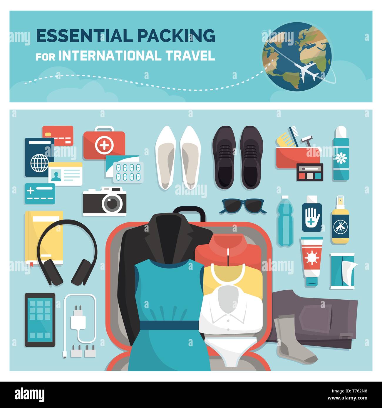 Imballaggio essenziale per i viaggi internazionali, turismo e vacanze: accessori, abbigliamento e aprire la valigia, vista dall'alto Illustrazione Vettoriale