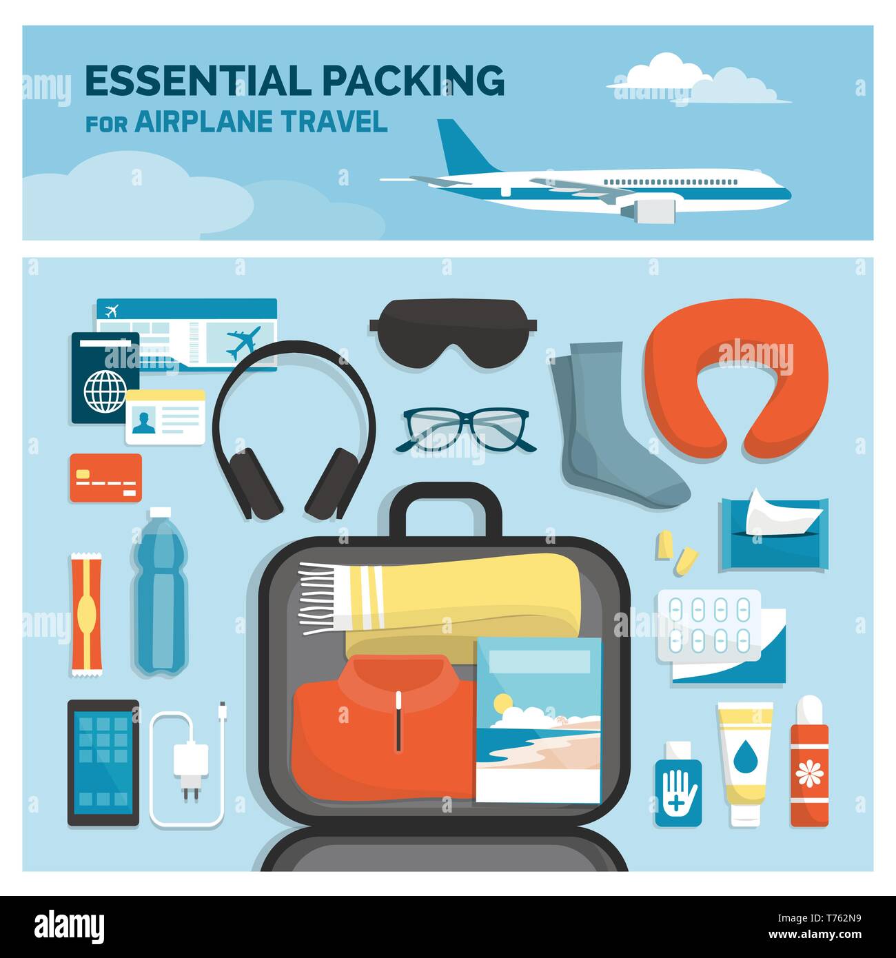 Imballaggio essenziale per viaggiare in aereo: essenziale vestiti e accessori in un bagaglio a mano, vacanze e turismo concept, laici piatta Illustrazione Vettoriale