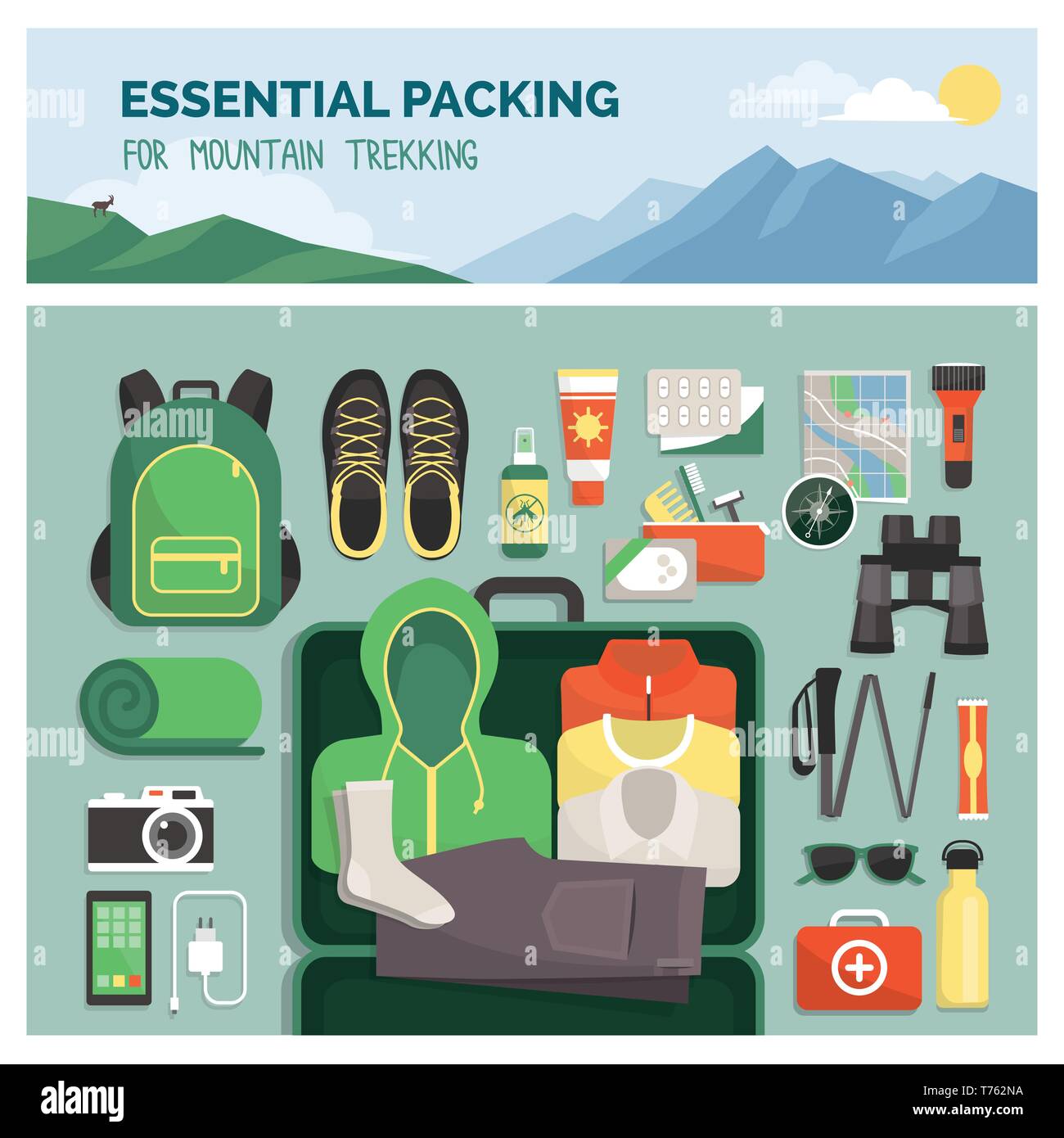 Imballaggio essenziale per il trekking, outdoor viaggi e sport, vestiti e accessori top view Illustrazione Vettoriale