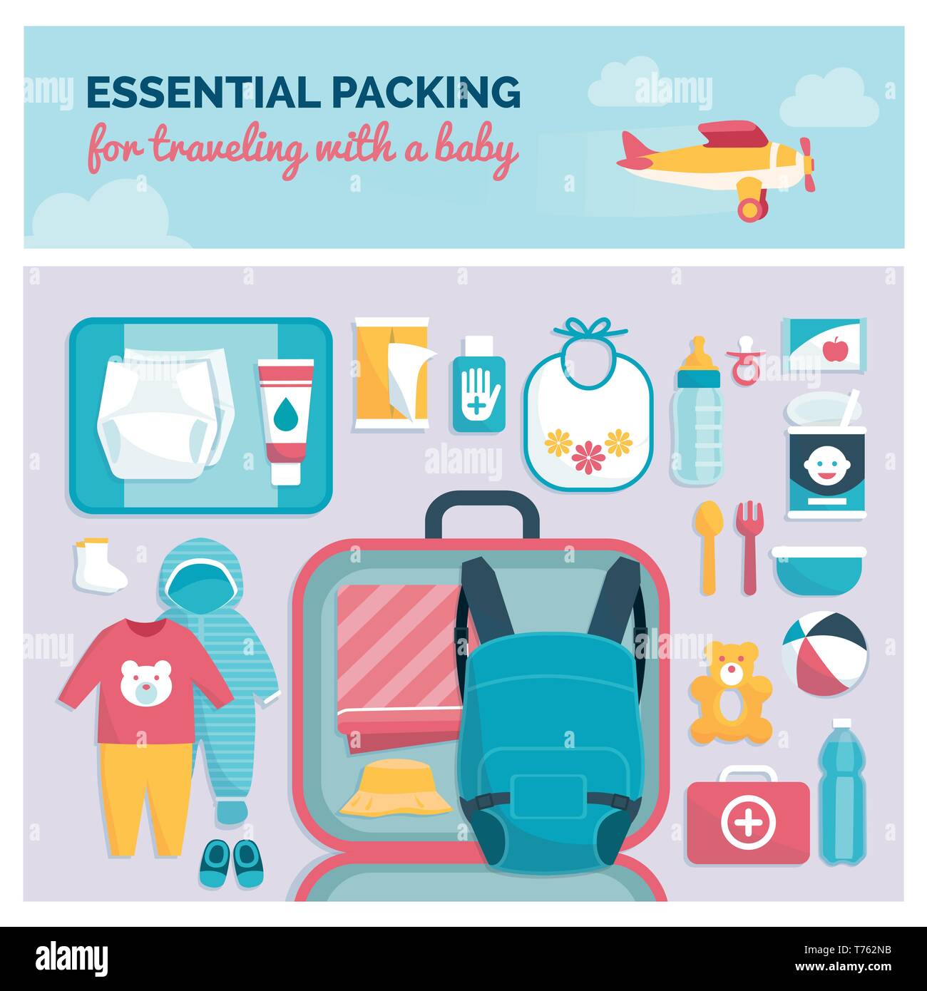 Imballaggio essenziale per viaggiare con un neonato, abbigliamento e accessori top view, viaggi e genitorialità concept Illustrazione Vettoriale