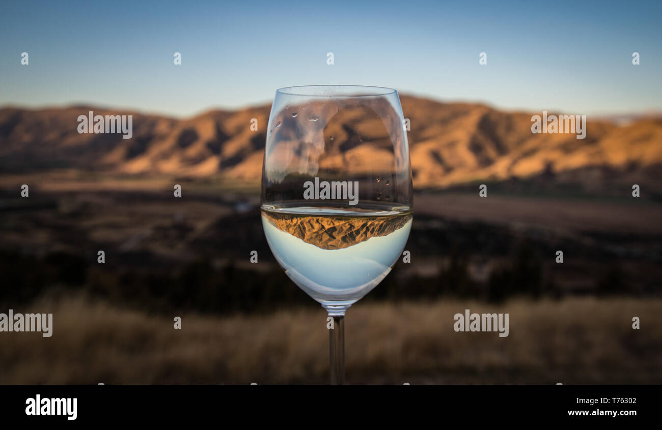 Isola del Sud della Nuova Zelanda. Scenario in ed intorno a Wanaka. Un bicchiere di vino alla fine della giornata. Foto Stock