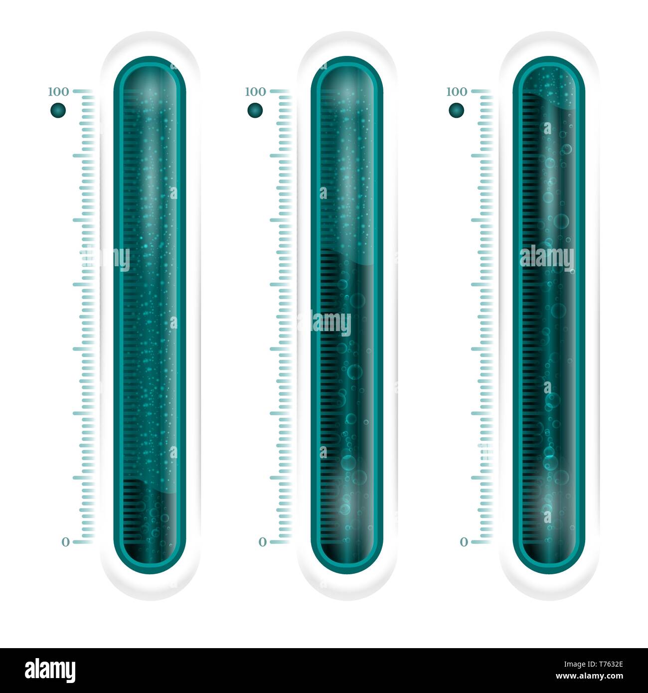 Blu termometro di vetro o batteria. batteria scarica batteria completamente pieno per metà batteria Illustrazione Vettoriale
