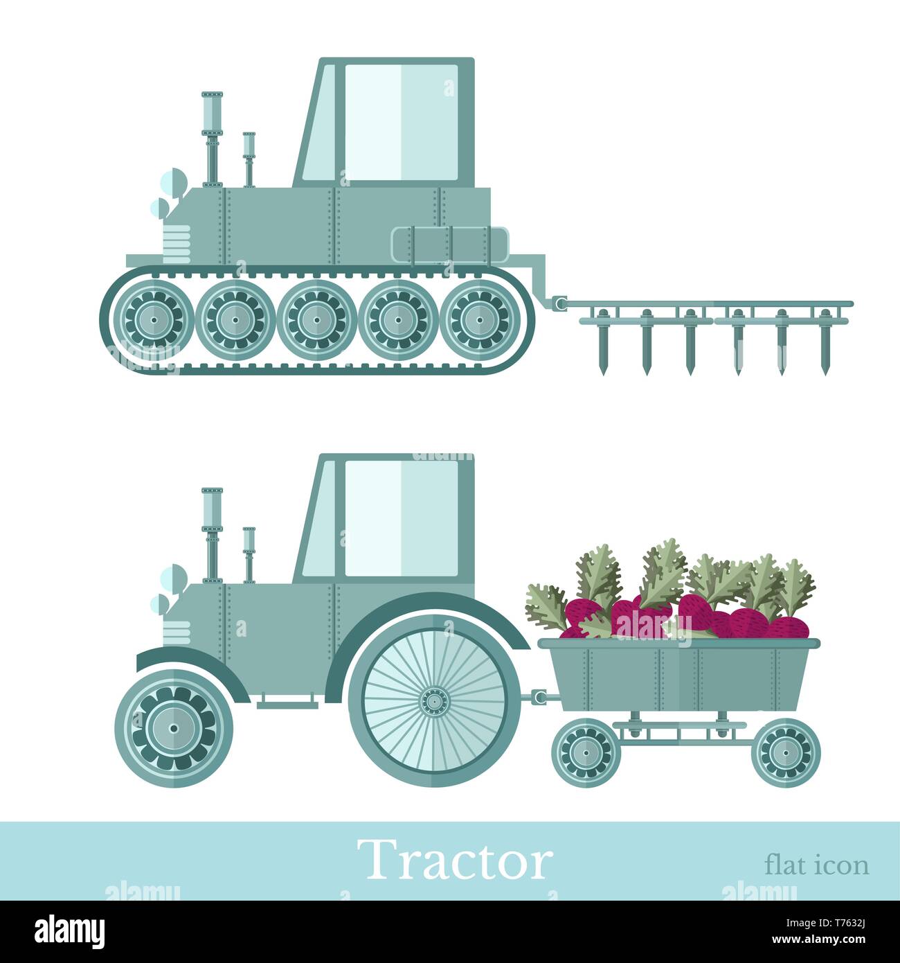 Appartamento trattore agricolo con rimorchio e stazione di aratura Illustrazione Vettoriale