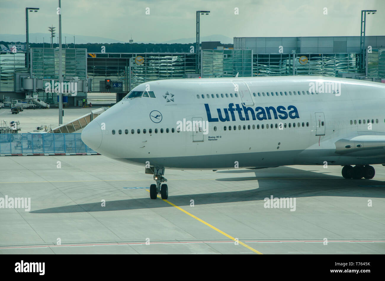 Lufthansa Boeing Aeromobili 747-8 nel terminal di un aeroporto, la manovra all'interno del mozzo. 14/09/2014 Milano Malpensa. Italia Foto Stock