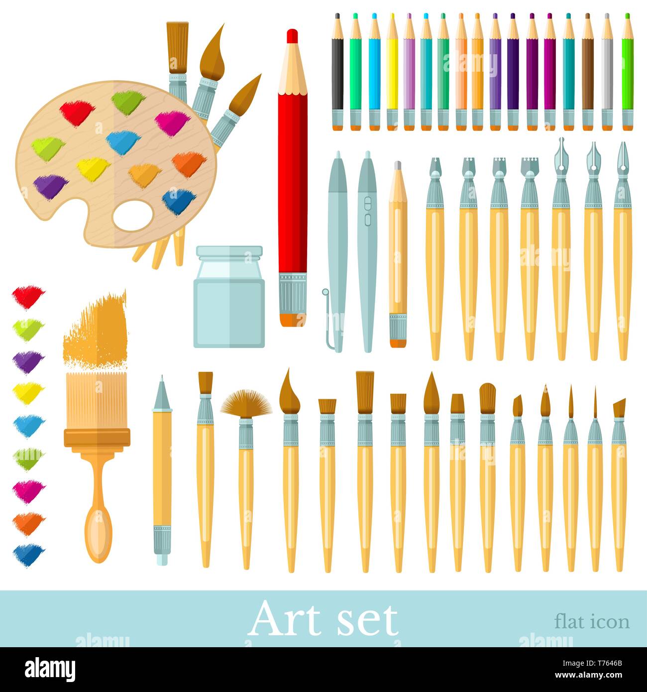 Spazzole, colore, penne e matite e colori tutti spazzolata. Grande set di strumenti di piano per il disegno e la paintind isolato su bianco Illustrazione Vettoriale