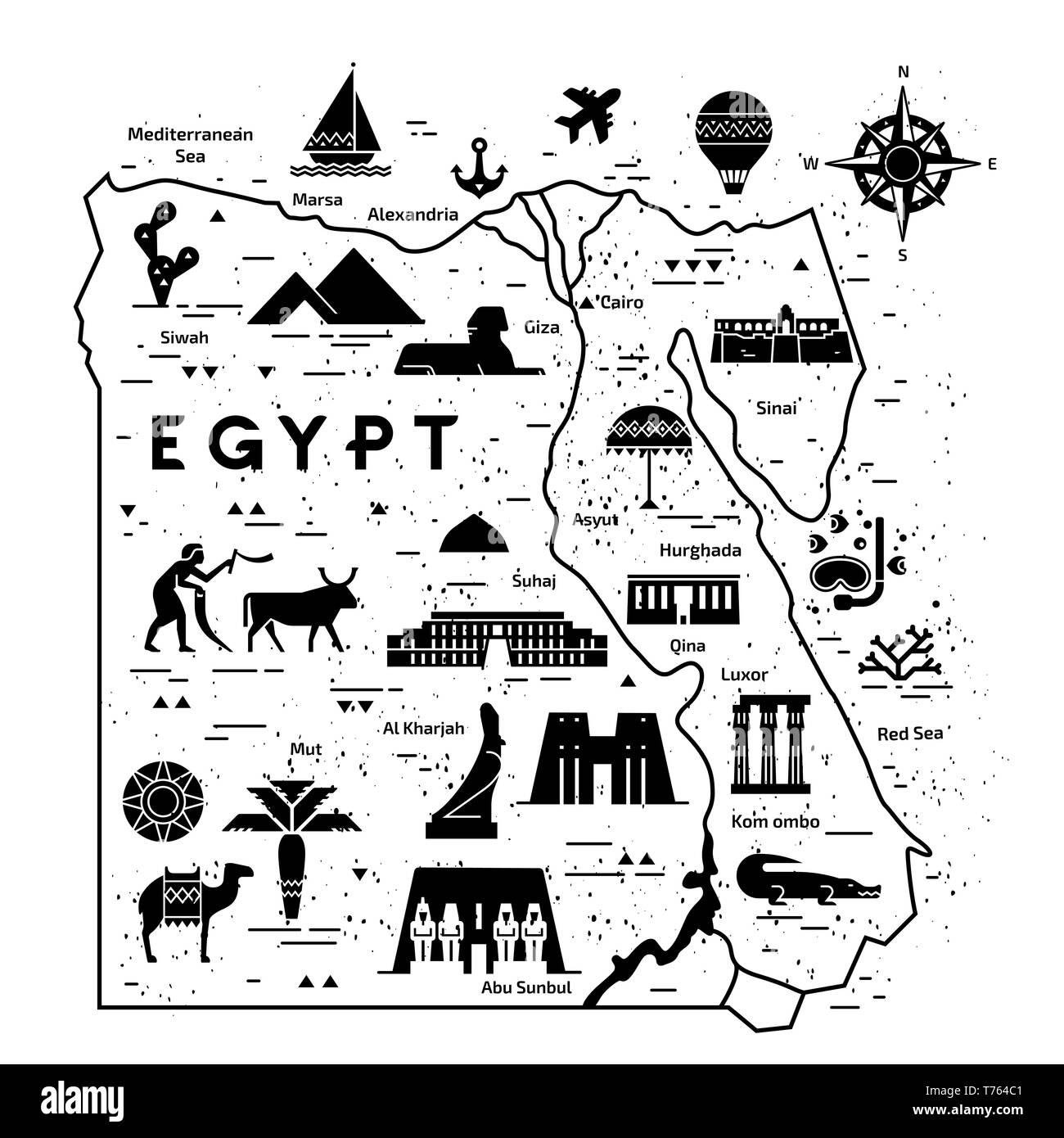 Delineare e silhouette Mappa di Egitto - illustrazione vettoriale disegnata con linee Illustrazione Vettoriale