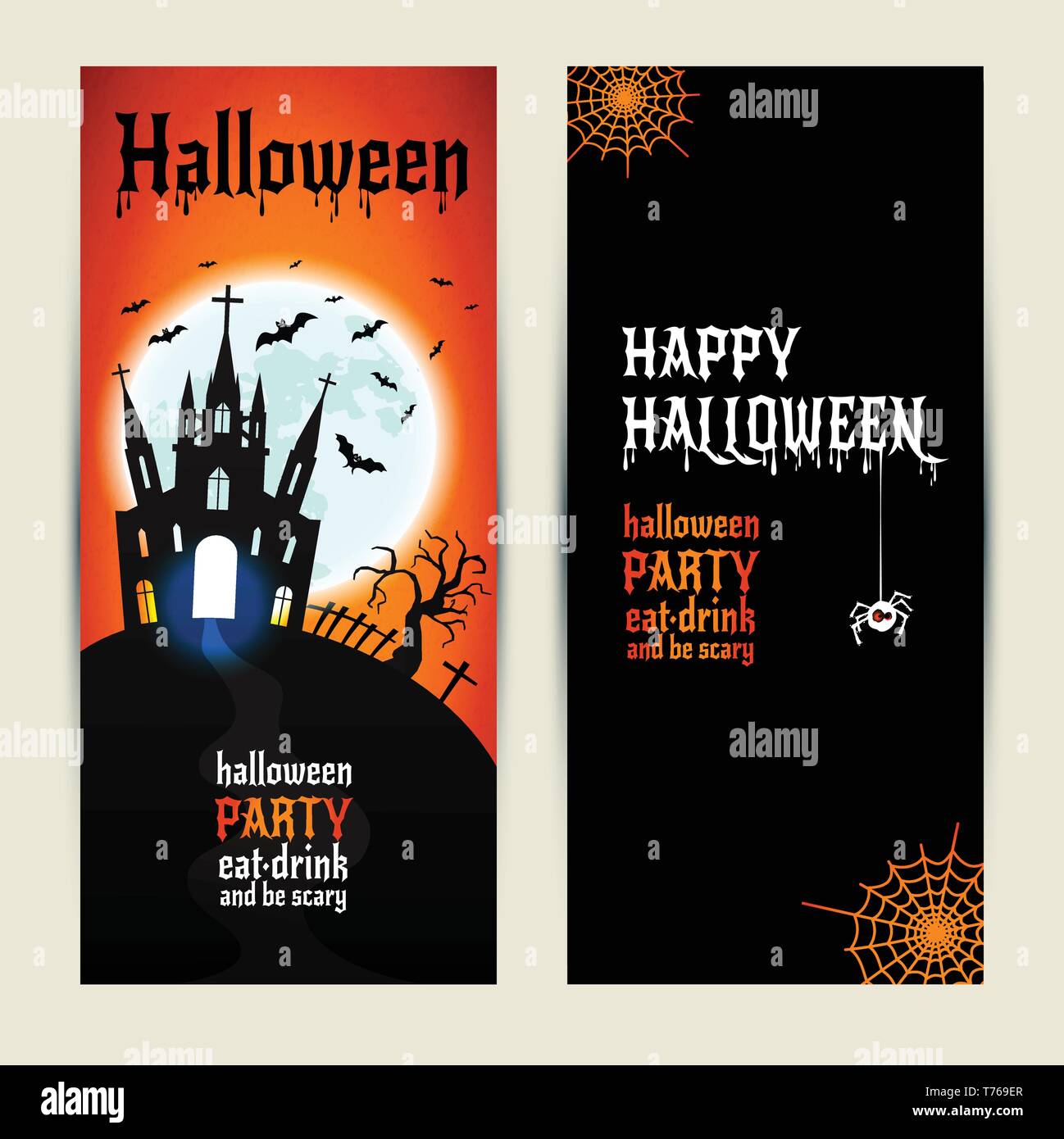 Halloween banner verticale impostato su Orange e sfondo nero. Invito alla festa notturna. Vettore di modello di progettazione per la festa di Halloween. Set di aut Illustrazione Vettoriale