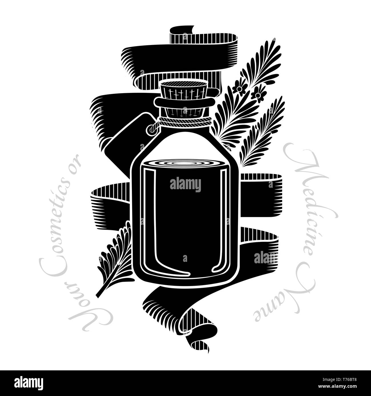 Incisione nera etichetta di cosmetici o medicina. Bottiglia di vetro con olio di rosmarino e fiori e vicino a nastro Illustrazione Vettoriale