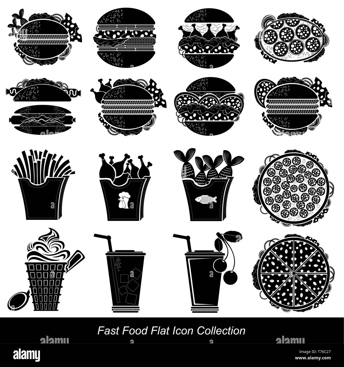 Set di Nero fast food icona cibi e bevande Illustrazione Vettoriale