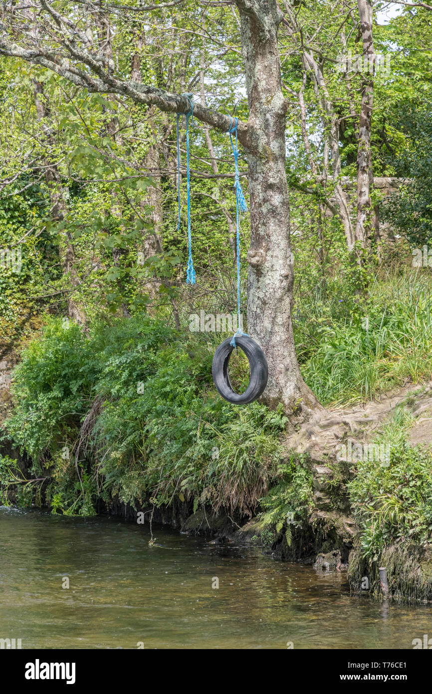Tire Swing / albero oscillante da appendere una banca di fiume sopra l'acqua. Metafora i bambini a giocare, avventure all'aperto, durante le vacanze scolastiche. Foto Stock