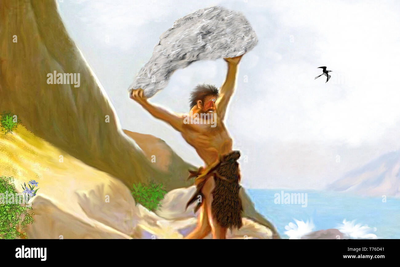 Moderna pittura concettuale che mostra il ciclope Polifemo che attacca la barca di Ulisse con una grande pietra. Foto Stock