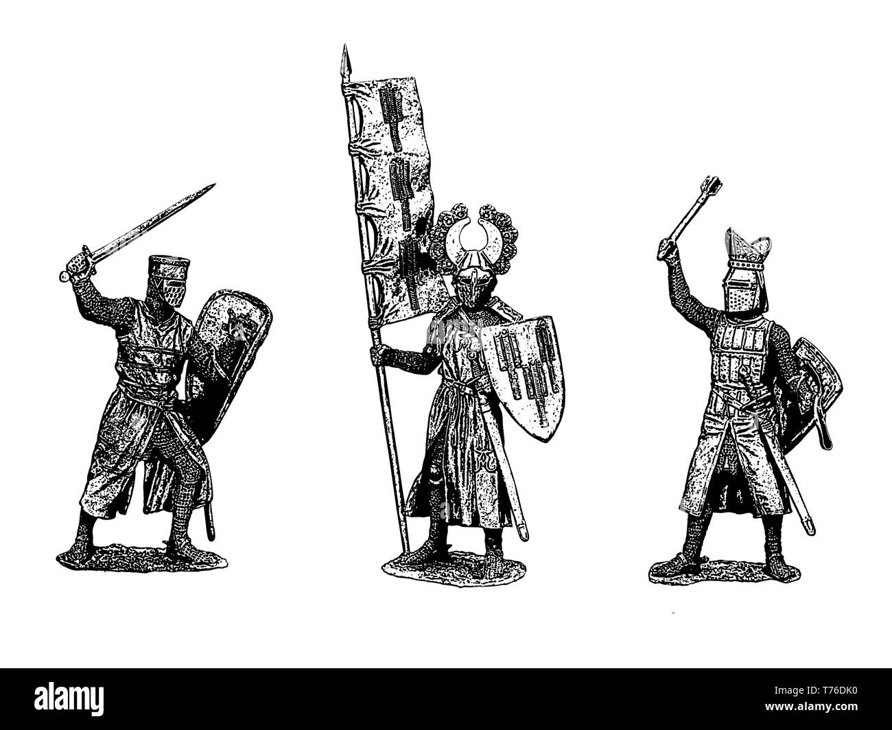 Cavalieri medievali illustrazione. Immagine del cavaliere. Set di 3 crociati medievale. Disegno digitale. Foto Stock