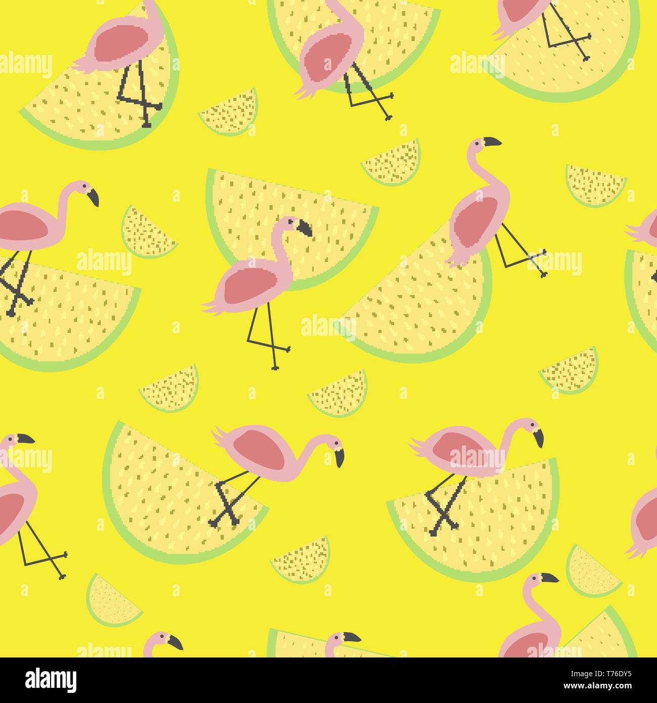 Vector seamless pattern tropicale con sottoprodotti di origine animale fenicottero rosa fetta di limone dragon fruite ed anguria su sfondo giallo per la stampa e materiali tessili Illustrazione Vettoriale