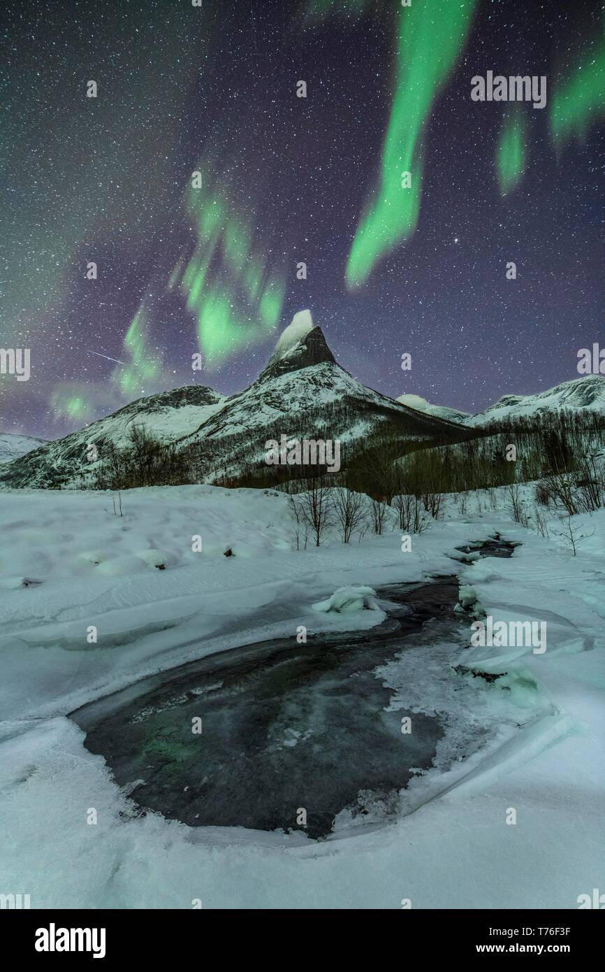 Luci del nord oltre il Stetind, nazionale norvegese di montagna, flusso gelido davanti, Tysfjord, Nordland, Norvegia Foto Stock