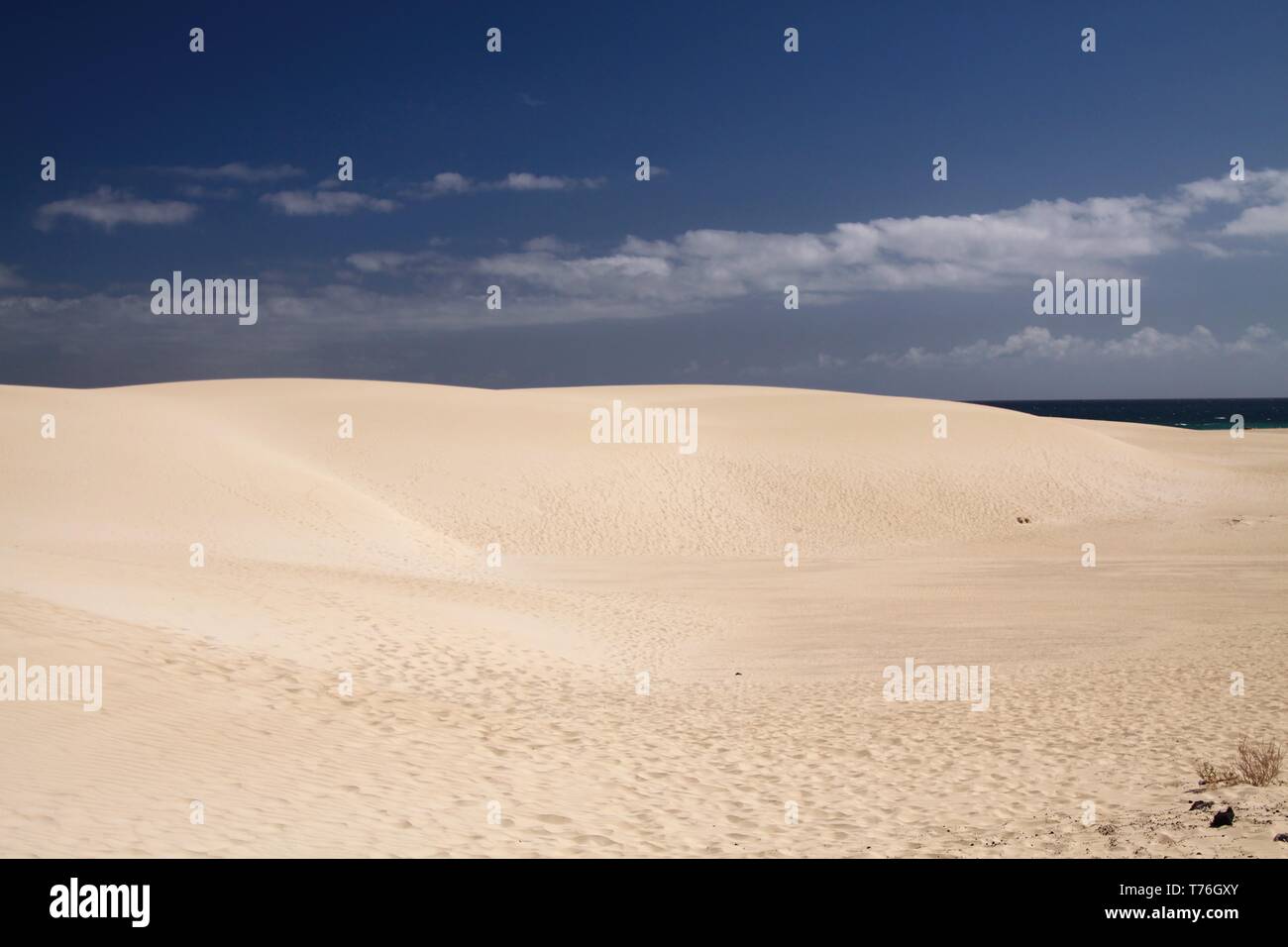 Luminoso e brillante bordo bianco delle dune di sabbia in contrasto con il profondo blu del cielo, Corralejo Fuerteventura Isole Canarie Foto Stock