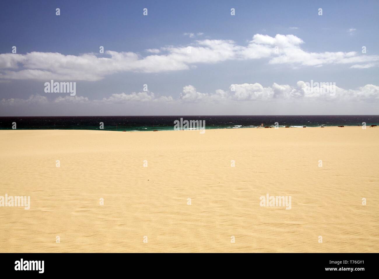 Luminoso e brillante bordo bianco delle dune di sabbia in contrasto con il profondo blu del cielo, Corralejo Fuerteventura Isole Canarie Foto Stock