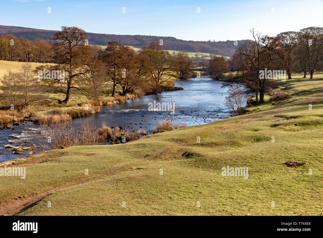 Un paesaggio autunnale immagine del Fiume Derwent avvolgimento attraverso Chatsworth country park nelle zone rurali del Derbyshire Foto Stock