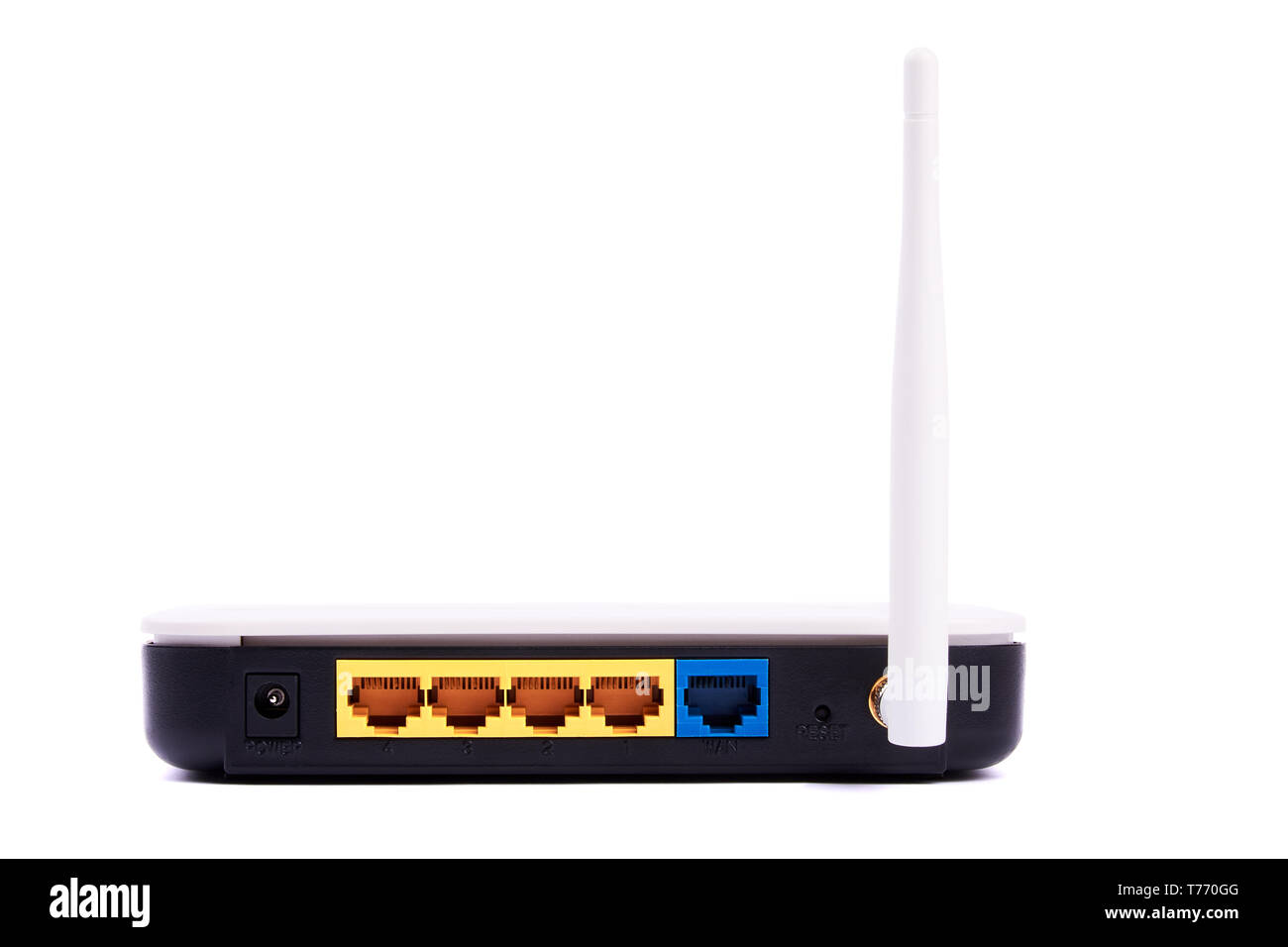 Vista dettagliata di adsl o modem wifi o access point. Porta di rete lan e l'antenna. Isolato su sfondo bianco. Foto Stock