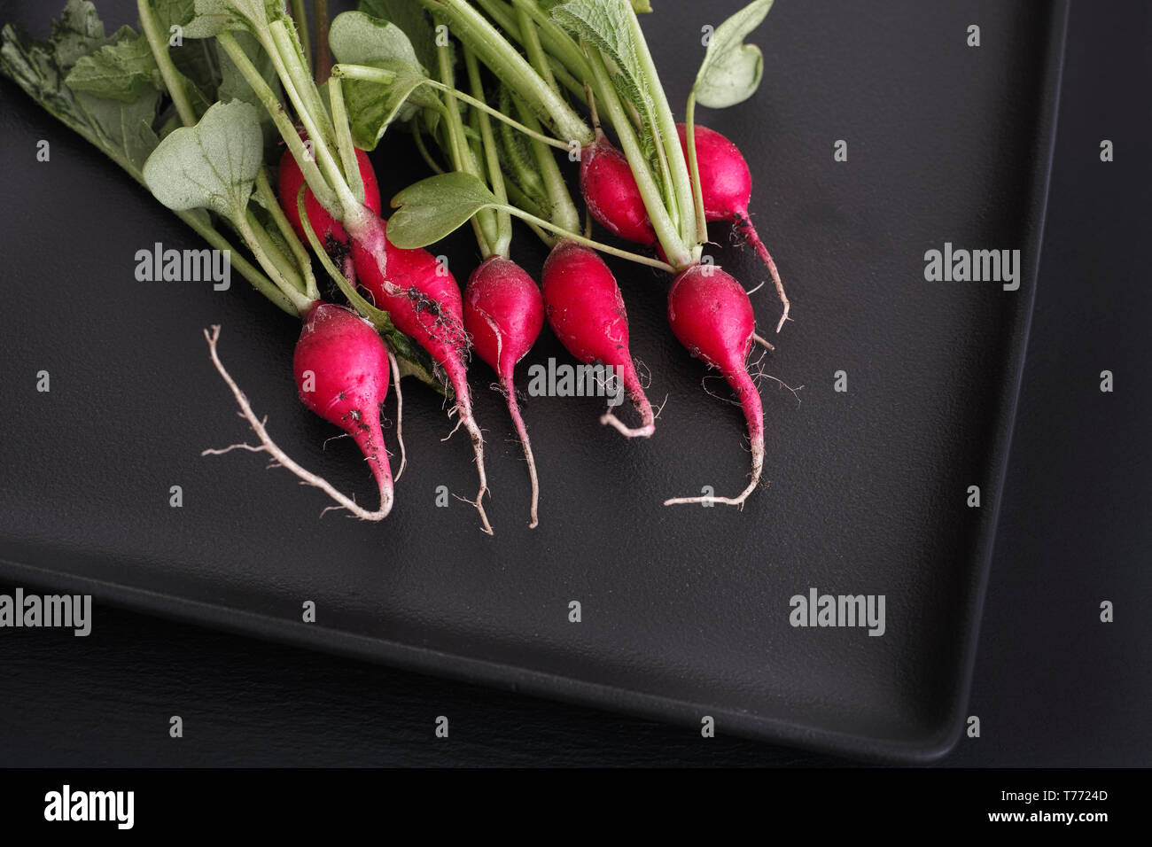 Fresche biologiche ravanelli su una piastra nera. Tasto basso. Foto Stock