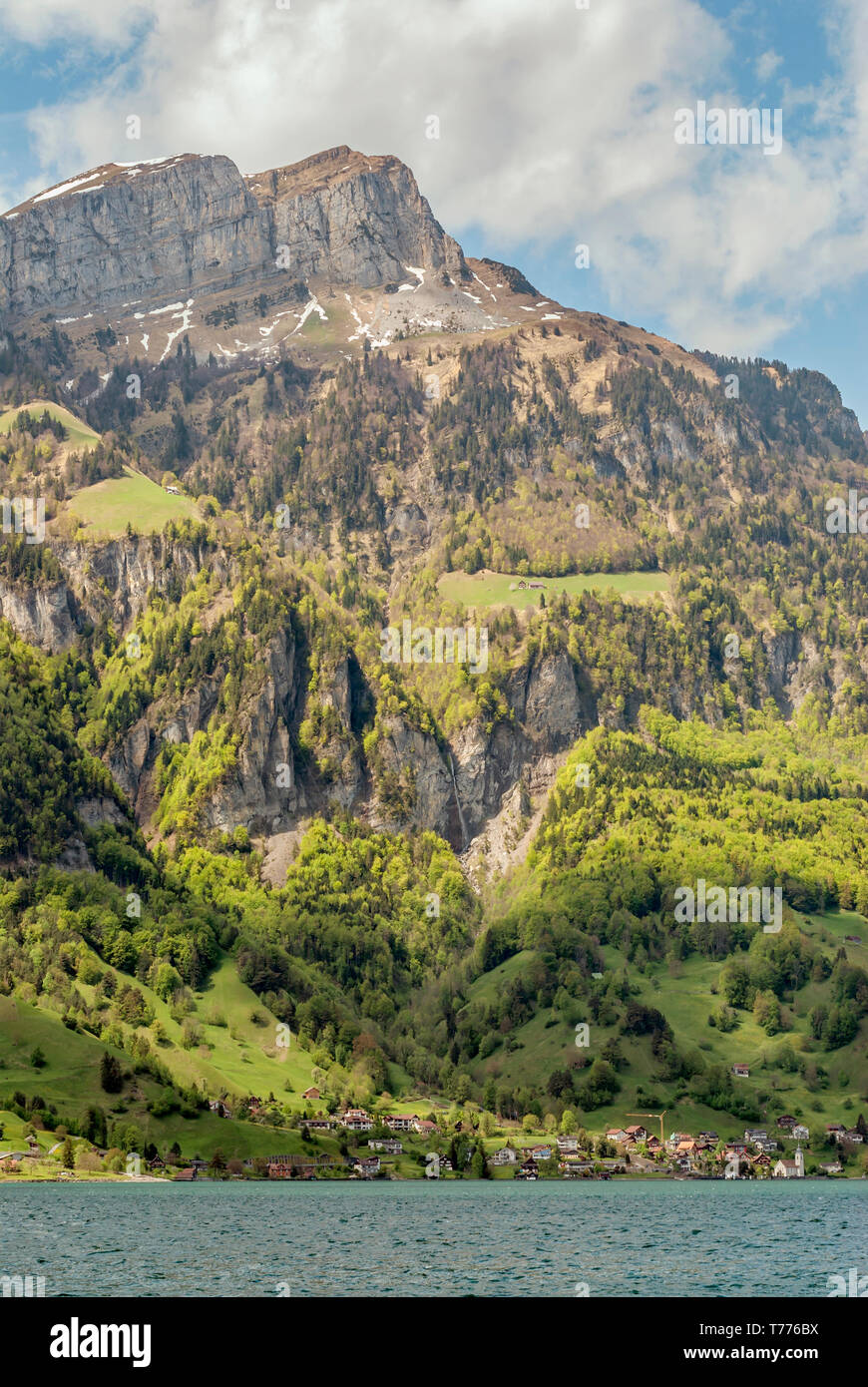 Paesaggio montano sul Lago di Lucerna vicino a Bauen, Svizzera Foto Stock