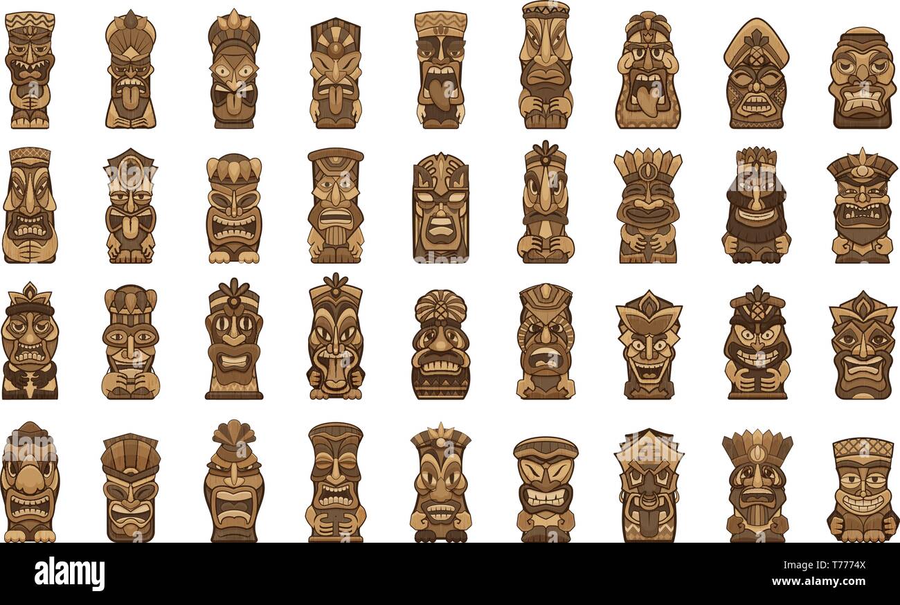 Tiki idoli set di icone. Serie di cartoni animati di tiki idoli icone vettoriali per il web design Illustrazione Vettoriale