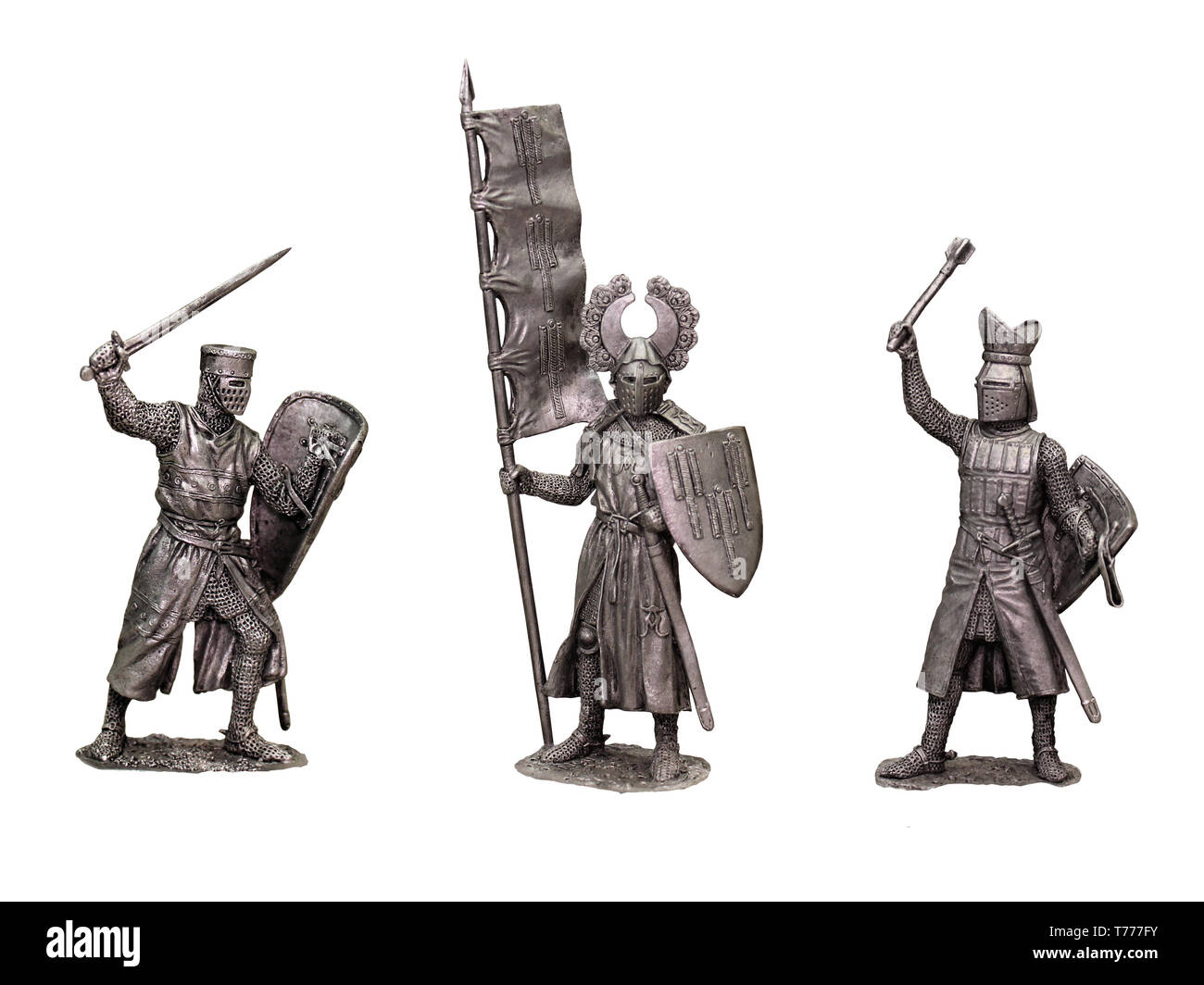 Figure di stagno cavalieri medievali. Set di 3 cavalieri. Cavaliere con banner. Foto Stock