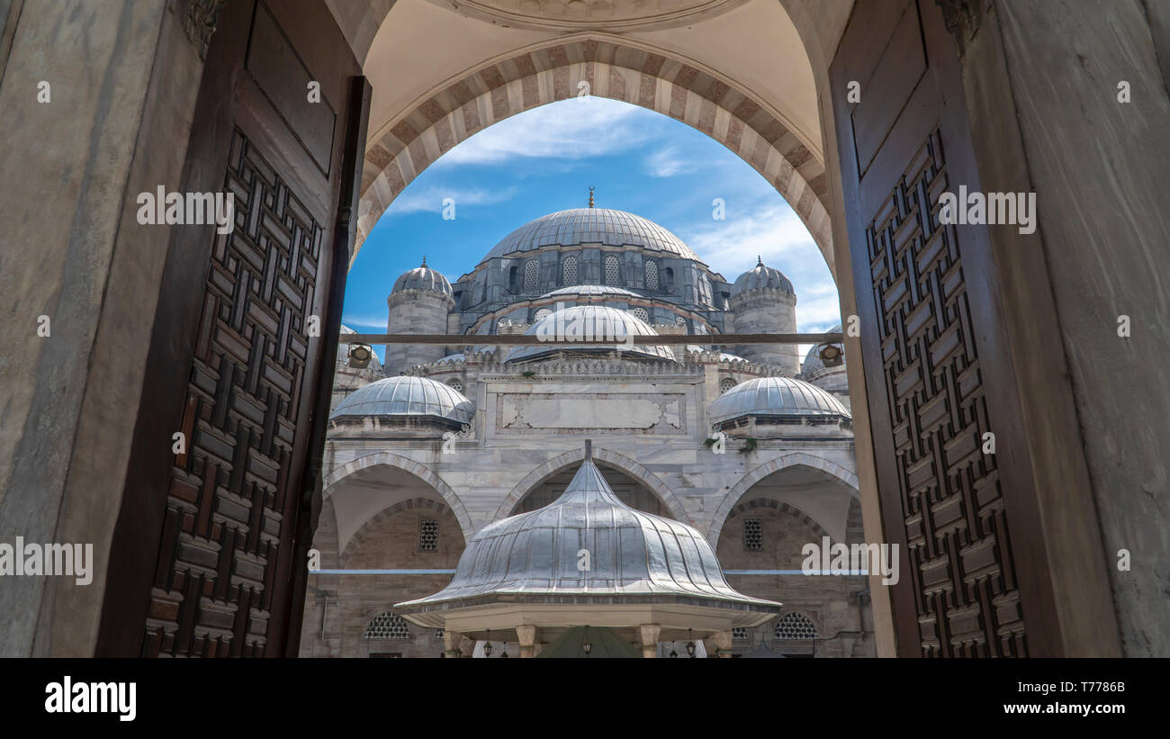 La Moschea Fatih (conquistatore la Moschea) nel distretto di Fatih, Istanbul, Turchia. Una splendida vista dal cancello di ingresso. Foto Stock