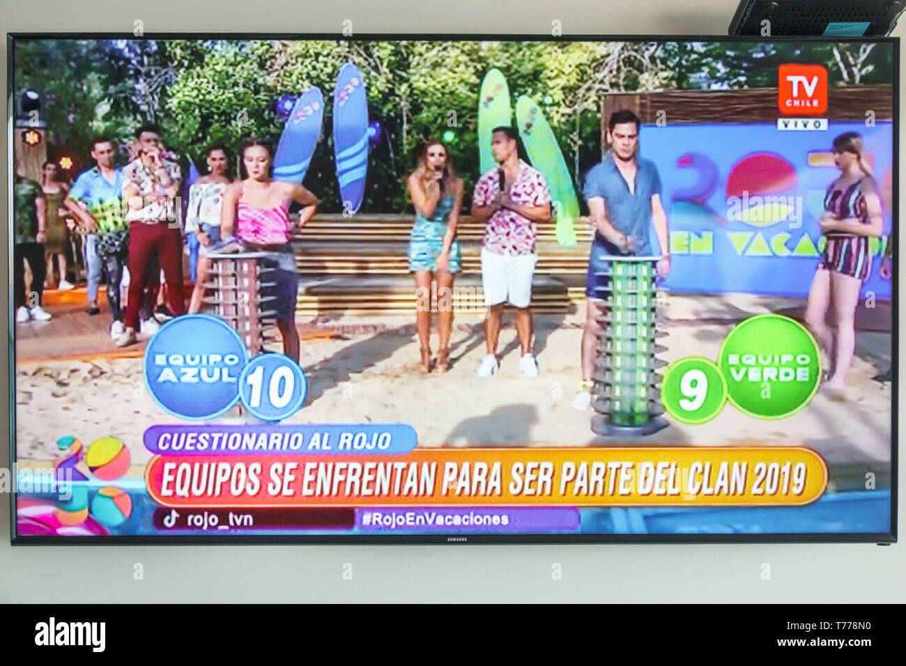 Cartagena Colombia, TV schermo piatto schermo piatto, spettacolo di giochi cileni, lingua spagnola, squadre di competizione, visitatori viaggio tour touris Foto Stock