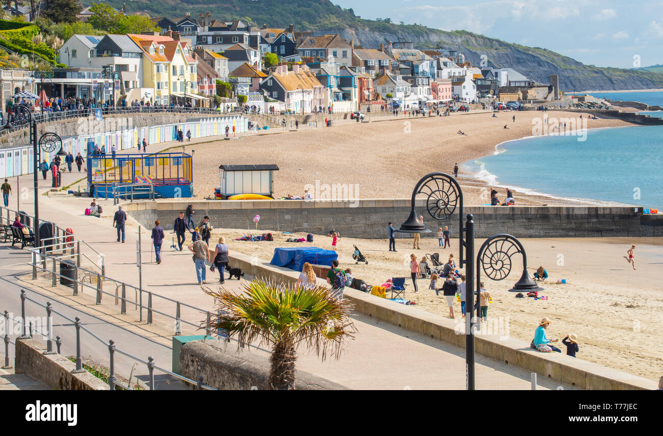 Lyme Regis, Dorset, Regno Unito. Il 5 maggio 2019. Regno Unito: Meteo visitatori godere di caldo e soleggiato incantesimi con una leggera brezza sulla spiaggia a Lyme Regis. Le condizioni dello scambiatore di calore sono previsti per il week-end festivo di maggio. Credito: Celia McMahon/Alamy Live News. Foto Stock