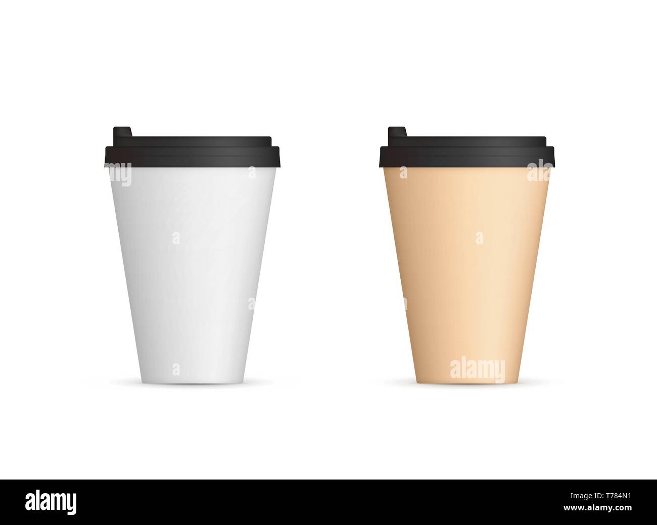 Carta realistico tazze da caffè con coperchio vista frontale. Caffè di andare in bianco. Illustrazione di vettore isolato su sfondo bianco Illustrazione Vettoriale