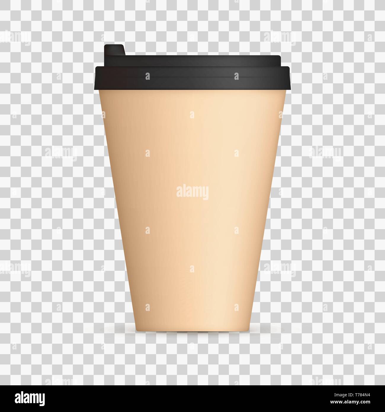 Tappo di caffè con coperchio nero mock up. Boccale vuoto modello con spazio per il logo o testo. Illustrazione di vettore isolato su sfondo trasparente Illustrazione Vettoriale