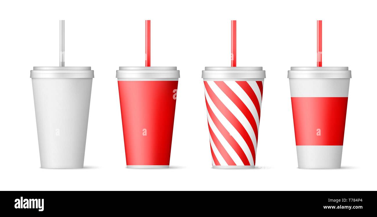 Set di bicchieri di carta per soda con paglia. illustrazione vettoriale isolati su sfondo bianco Illustrazione Vettoriale