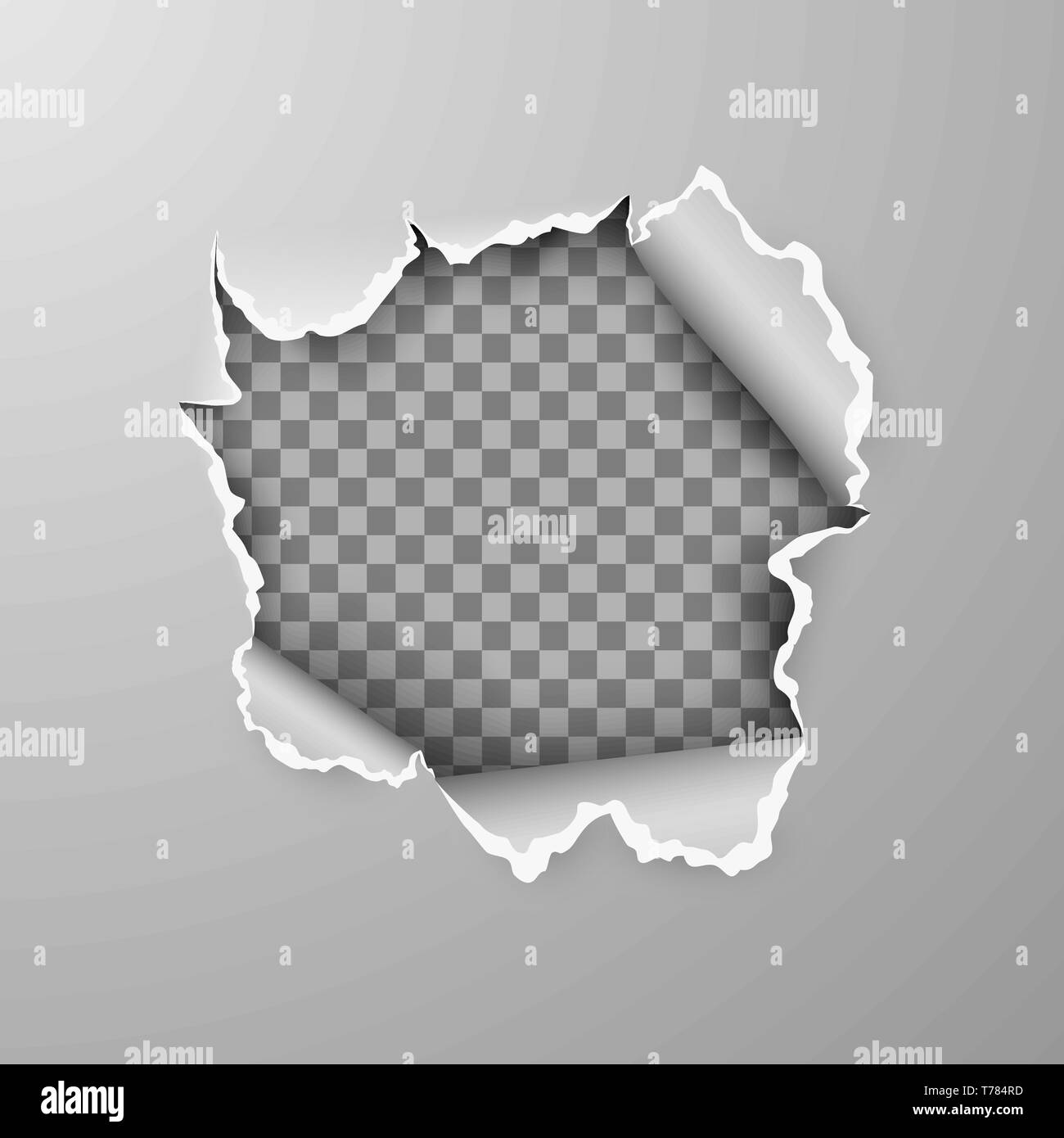 Strappato il foro nel foglio di carta grigia su sfondo trasparente con spazio per il testo. Illustrazione Vettoriale Illustrazione Vettoriale