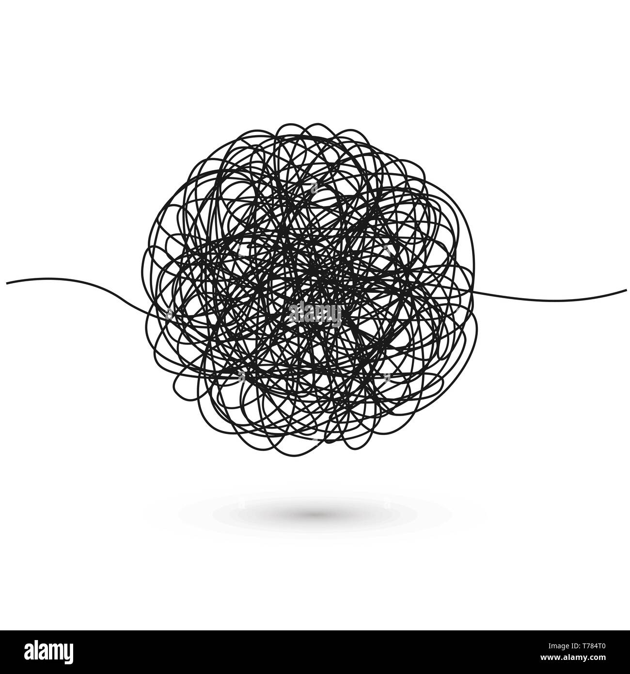 Disegnata a mano groviglio di filo aggrovigliato. Disegno astratto sferica scribble forma. Caotica linea nero scarabocchio. Illustrazione Vettoriale Illustrazione Vettoriale