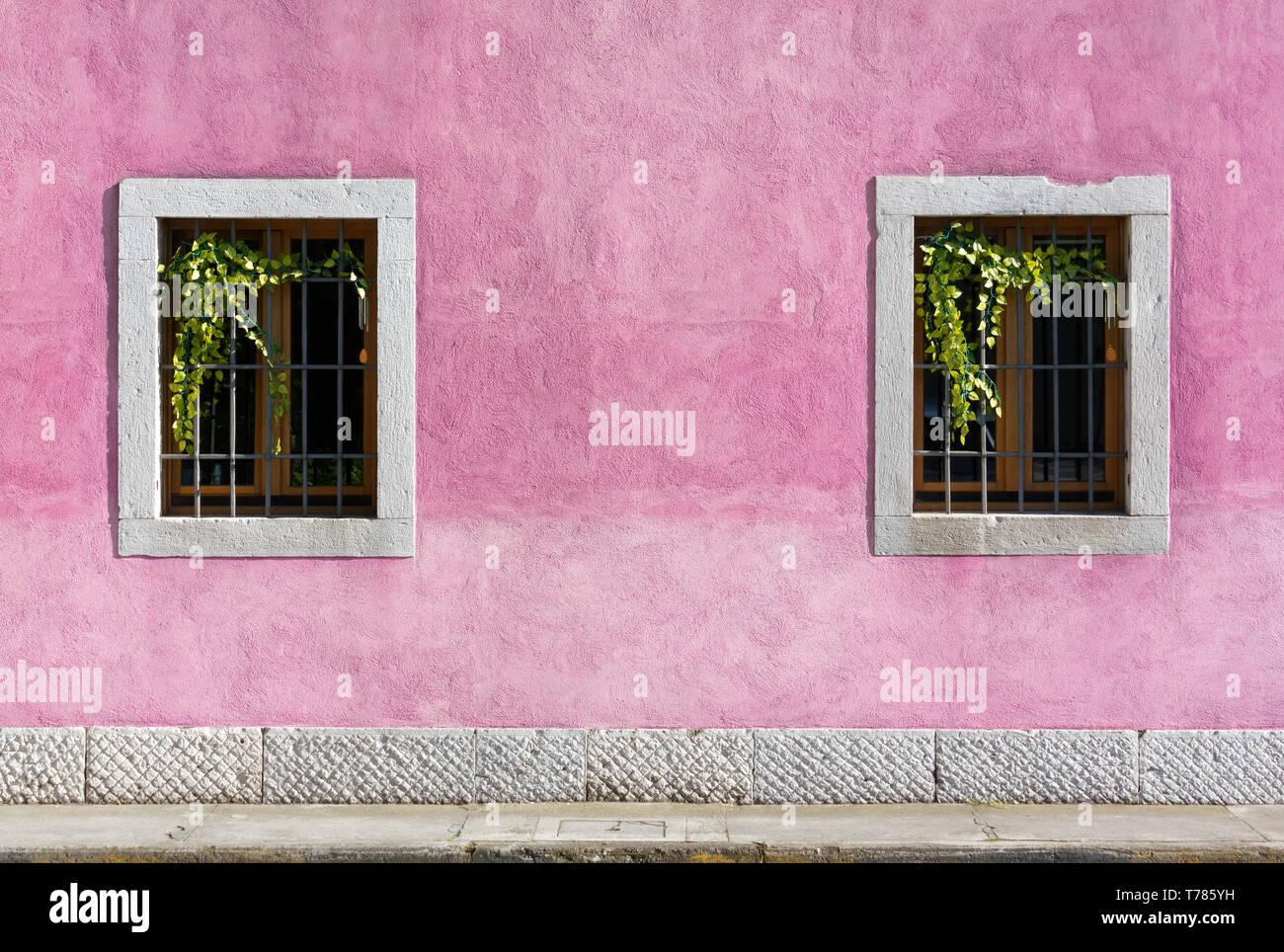 La parete esterna di un edificio storico dipinto in viola, con finestre decorate con vitigni Foto Stock