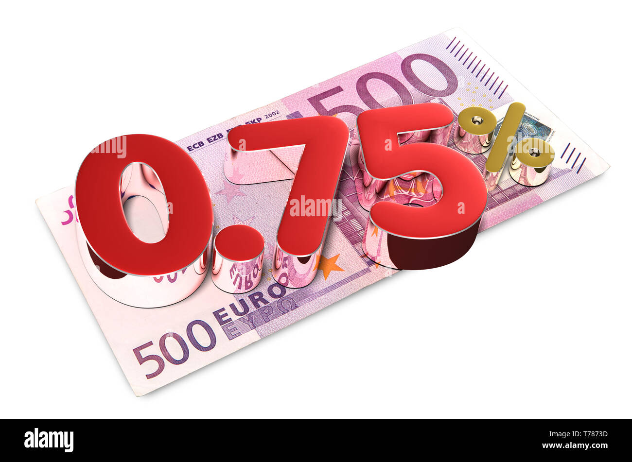 Euro 7.50% 3D rendering su sfondo bianco.euro, unità monetaria europea.(con percorso di clipping). Foto Stock