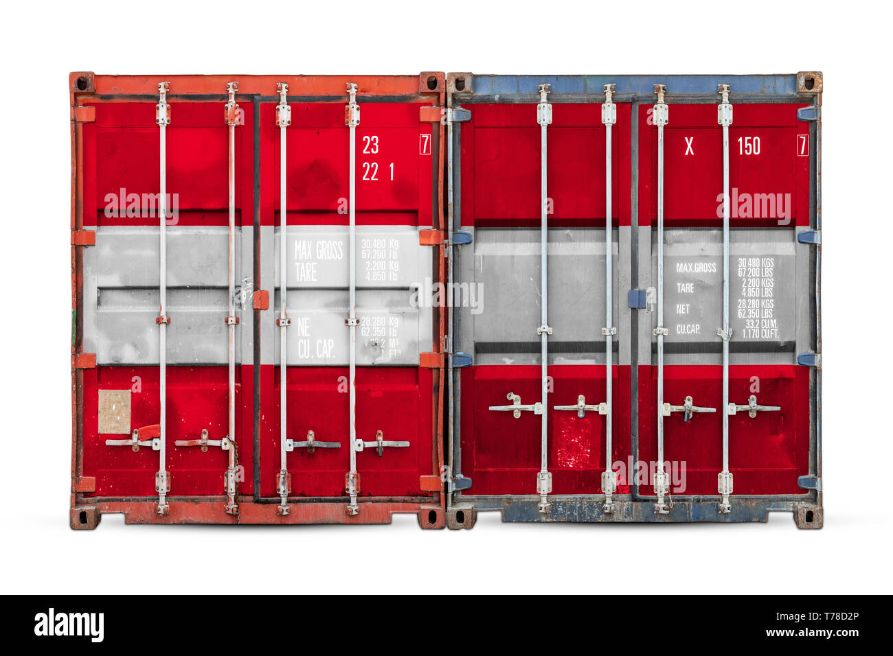 Il concetto di Austria import-export nazionale e la consegna delle merci. Close-up del contenitore con la bandiera nazionale dell'Austria su bianco isolato ba Foto Stock